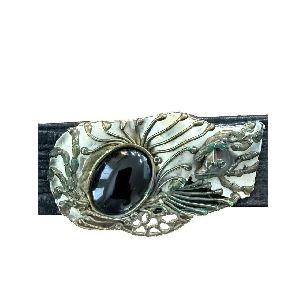 Vintage Mexican Artisan Belt Black Leather Wide Brass Sculptural Buckle Boho MCM